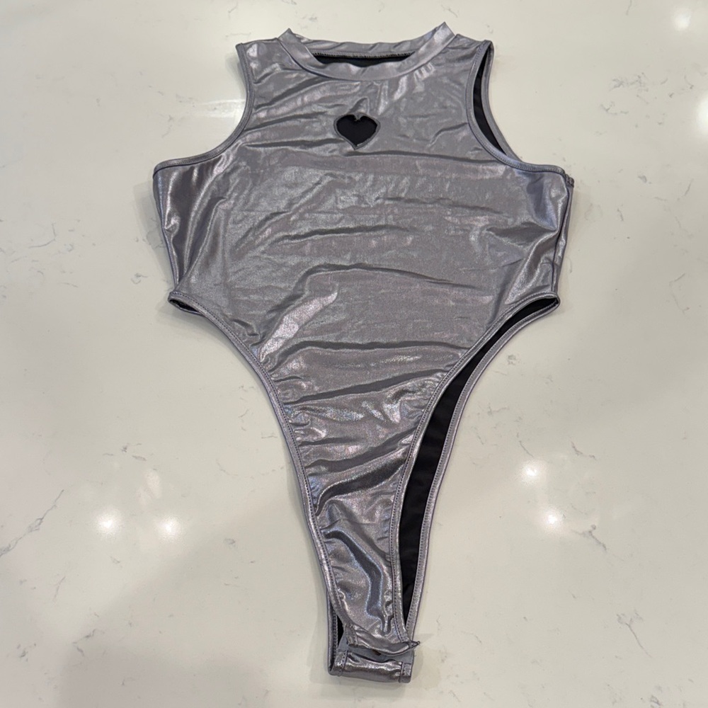 Silver Heart Cutout Body Suit One Piece